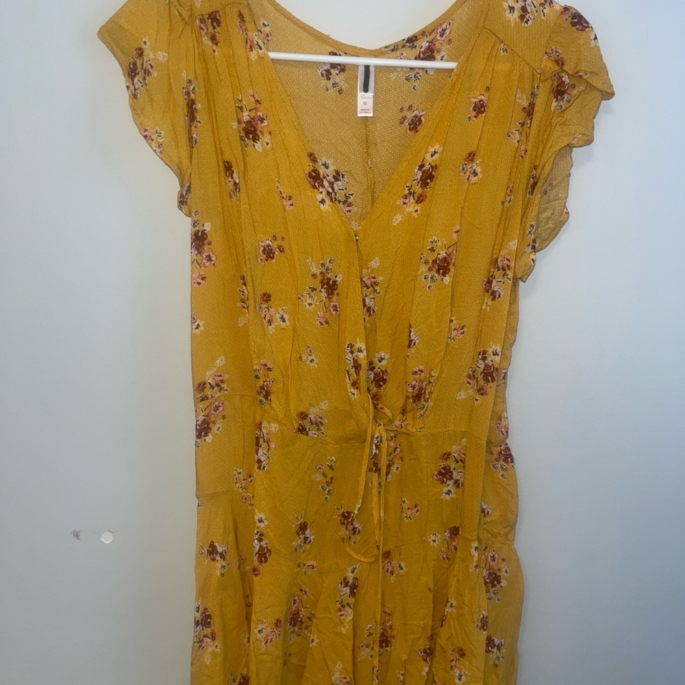 Yellow Gold Jumpsuit with V-Neck and Flutter Cap Sleeves